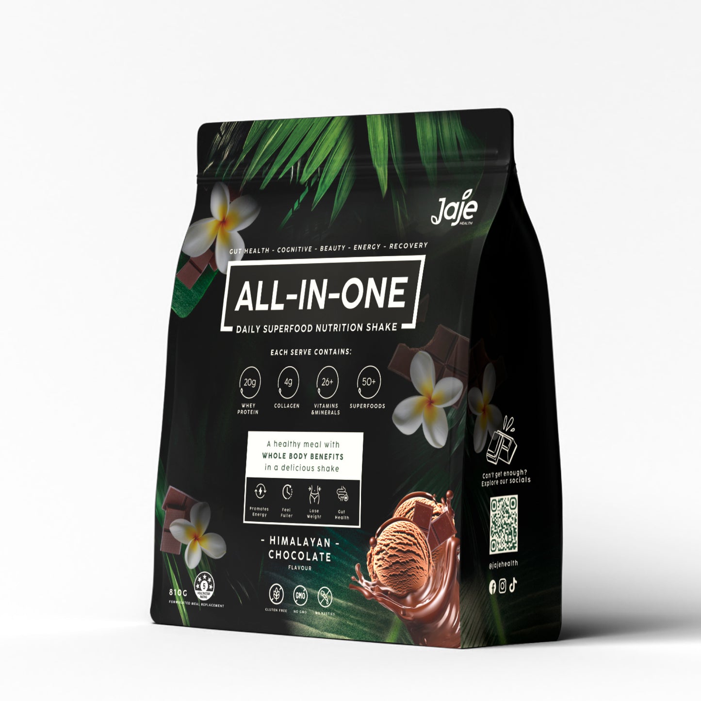 Close-up of Jaje Health Vegan Chocolate protein powder pouch with natural ingredients displayed