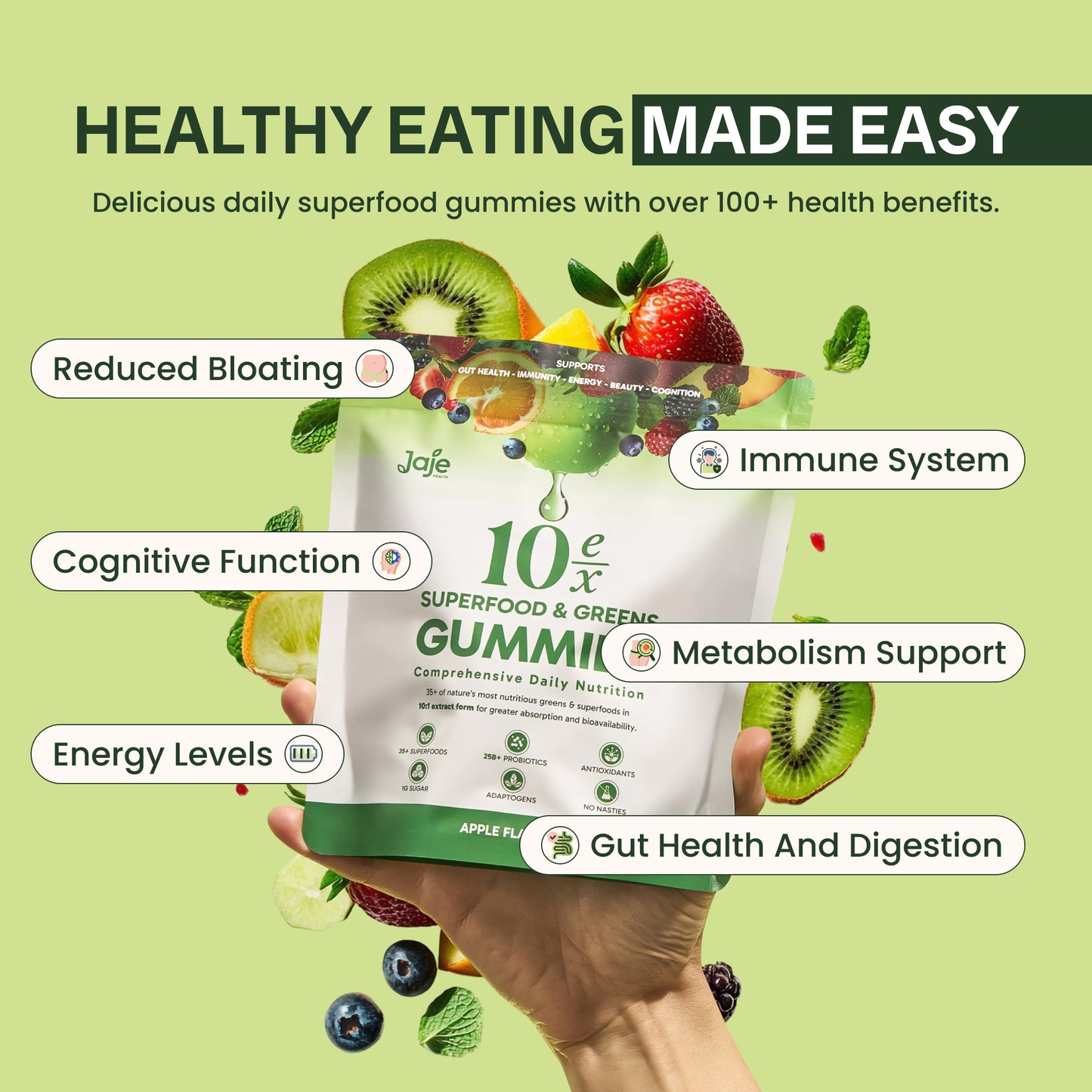 Superfood gummies for reduced bloating, immune system, energy, and gut health.