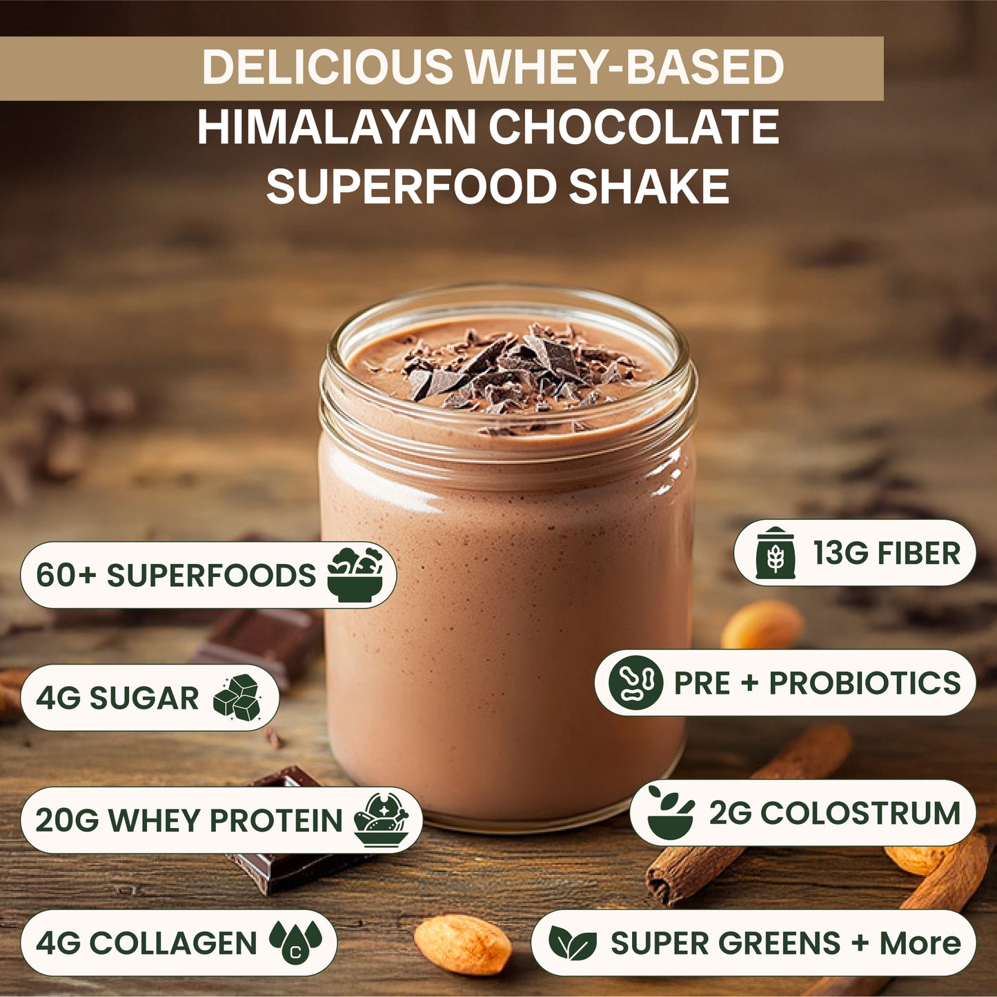 Jaje Health protein powder mixed in glass with spoon and cocoa beans beside for vegan chocolate flavor