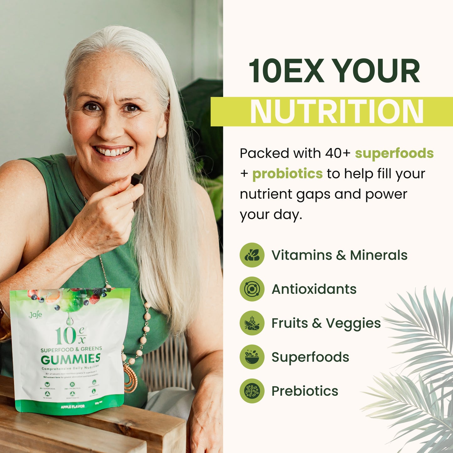 Woman eating Jaje Superfood Gummies to 10x her daily nutrition.