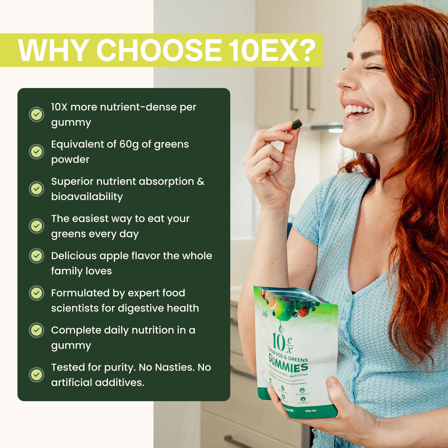 Woman happily taking Jaje Superfood Gummies nutrient-dense superfood gummy for daily greens.