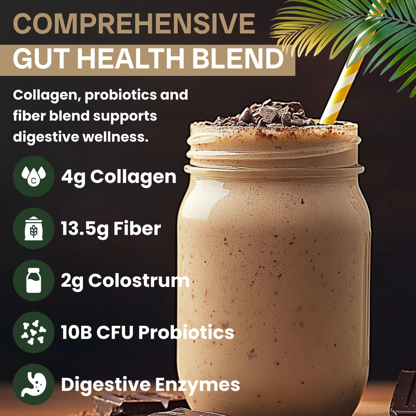 Healthy smoothie made using Jaje Health Vegan Chocolate protein powder served with fresh ingredients