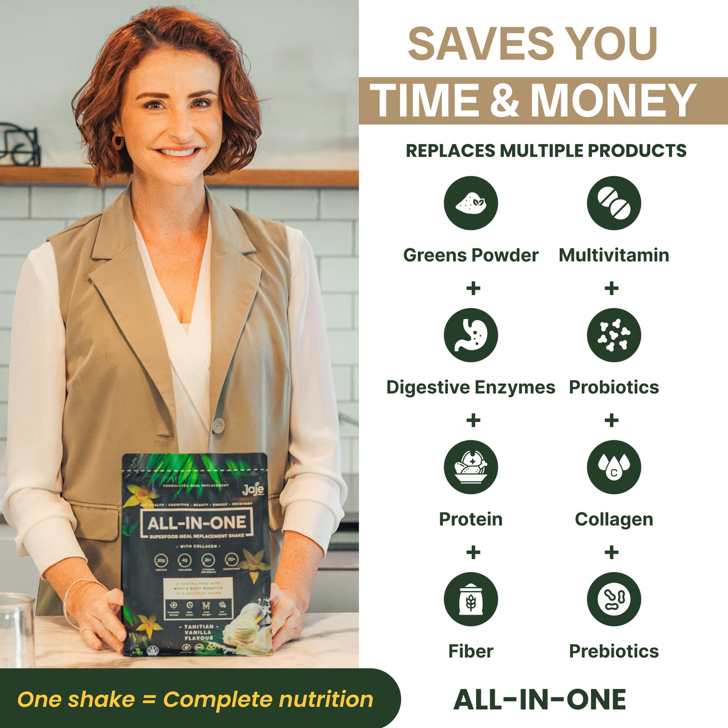 Woman holding Jaje Health All-In-One shake packet with text showing it replaces multiple supplements for complete nutrition.