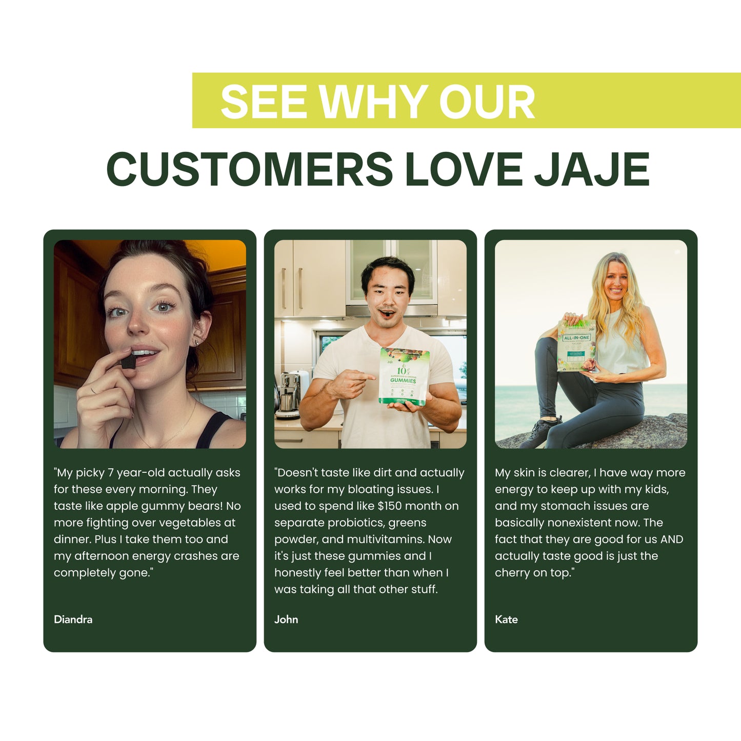 Jaje Superfood Gummies customer reviews for energy, gut health, and taste.