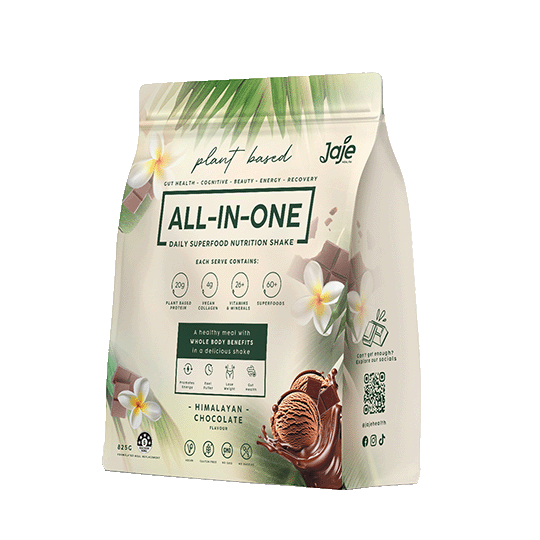 Jaje Health vegan protein powder and chocolate pieces arranged on clean neutral background