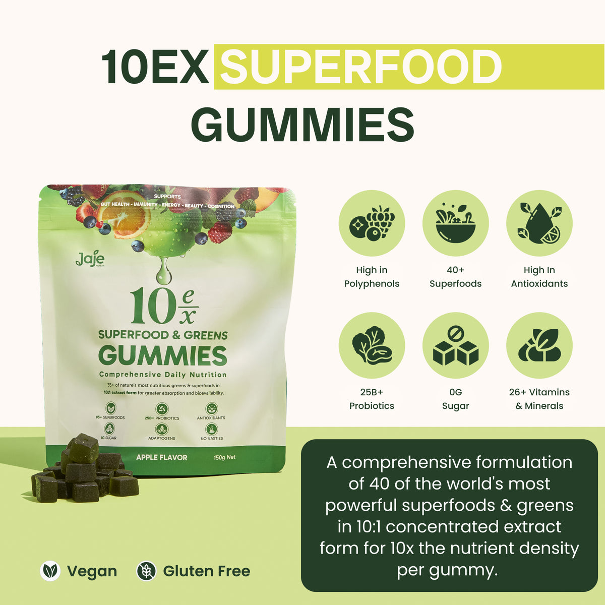 Jaje Health Superfood Superfood Gummies with 0g sugar, probiotics, and 40+ superfoods.