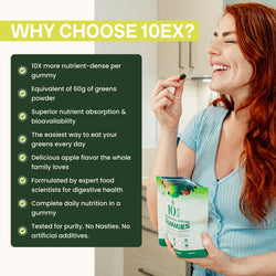 Woman happily taking Jaje Superfood Gummies nutrient-dense superfood gummy for daily greens.